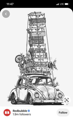 a drawing of a vw buggy loaded with boxes and bicycles on the roof