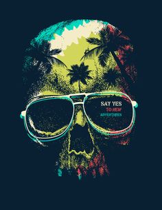 a skull wearing sunglasses with palm trees in the background