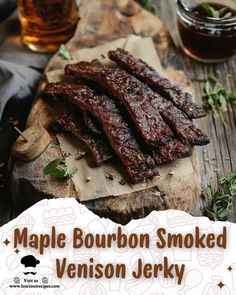 maple bourbon smoked venison jelky on a cutting board