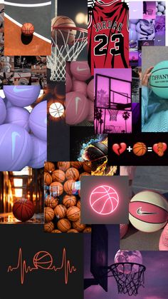 a collage of photos with basketballs and neon lights