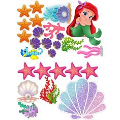 the little mermaid stickers are all different shapes and sizes, including starfishs