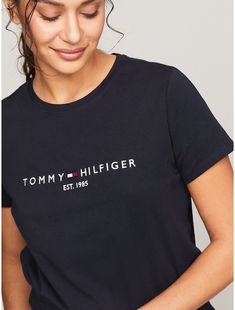 Tommy Hilfiger women's T-shirt. Made from pure cotton and embroidered with our classic Tommy logo, our tee is a soft, comfortable layer.  Material: 100% Regenerative Cotton. Tommy Shirts Women, Cheap Tommy Hilfiger Sporty T-shirt, Affordable Tommy Hilfiger T-shirt With Letter Print, Casual Tommy Hilfiger Shoulder Bag, Affordable Tommy Hilfiger Logo Print T-shirt, Cheap Sporty Tommy Hilfiger T-shirt, Affordable Tommy Hilfiger Summer Shorts, Tommy Hillfigger Women Blue Shirt, Cheap Tommy Hilfiger Short Sleeve Tops