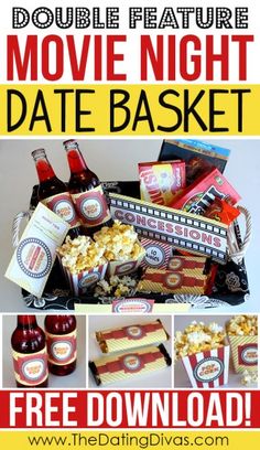 the movie night date basket is full of movies, popcorn, and drinks to enjoy