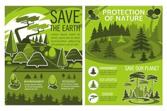 a green poster with trees and mountains in the background, which says save the earth