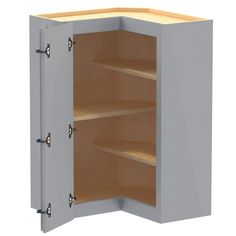 an open cabinet with two shelves and no doors