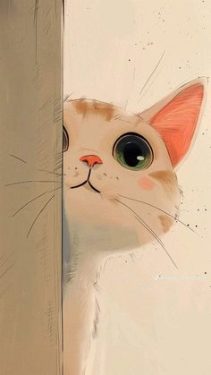 an orange and white cat peeking out from behind a wooden wall with its head sticking out