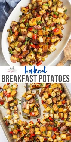 baked breakfast potatoes on a baking sheet and in a pan with the title above it