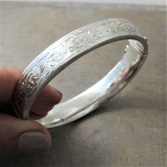 Sterling Silver Cuff Bracelet, Engraved Bracelet, Silver Bangle Hinged Cuff, English Bangle, Heirloo Engraved Bracelet Silver, Chester England, Push Present, Push Presents, Heirloom Jewelry, Heirlooms Jewelry, Safety Chain, Engraved Bracelet, Sterling Silver Cuff Bracelet