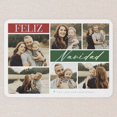 a family photo collage with the word feliz in green and red on it