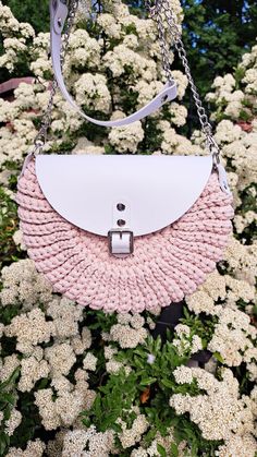 Cream pink crochet bag with white leather flap, bag for girls,premium handbag, summer style fashion bag, personalized birthday. Real leather. Handmade crochet bag with high quality materials, produced in the EU. Natural leather and polyester yarn. Size: 28cmx22cm (+-2cm) Chain 120cm (silver) Please keep in mind that I need 3-10 days to make your bag:) A beautiful crochet bag can be a wonderful accessory, whether for everyday use or special occasions. Instagram: crochet_bags_pl Trendy Pink Crochet Bag With Adjustable Strap, Trendy White Satchel For Gift, Trendy White Satchel As A Gift, Trendy Handmade Cream Shoulder Bag, Pink Crochet Satchel Bag With Adjustable Strap, Pink Satchel Crochet Bag With Adjustable Strap, Trendy White Crochet Shoulder Bag, Trendy Handmade Cream Bags, Chic Pink Crochet Bag For Daily Use