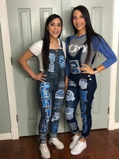 Home made Homecoming overalls Blue and white Homecoming Overalls Ideas, School Spirit Outfit, Senior Painted Jeans, Spirit Pants, Senior Year Things, Senior Year Fun, Texas Homecoming Mums