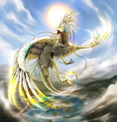 an artistic painting of a white bird flying in the sky with its wings spread out