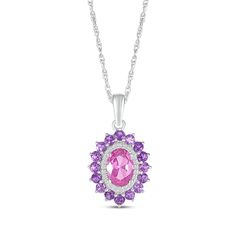 Beautiful colors and sparkle combine to create this whimsical necklace. Crafted in sterling silver A pretty oval-cut pink lab-created sapphire is the focal point of the pendant Round-cut white lab-created sapphires and amethysts form shimmering halos around the center The pendant suspends along an 18-inch rope chain that secures with a spring ring clasp Purple Oval Pendant Necklace For Anniversary, Purple Sterling Silver Necklace For Mother's Day, Purple Oval Necklace For Anniversary, Oval Purple Necklace For Anniversary, Purple Oval Necklaces For Anniversary, Mother's Day Purple Sterling Silver Necklace, Purple Birthstone Oval Pendant Necklace, Pink Oval Sterling Silver Necklace, Purple Sterling Silver Oval Pendant Necklace