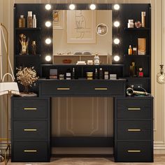 a vanity with lights on it in front of a mirror and shelves filled with bottles