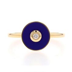 Size: 6 1/2 Sizing Fee: Up 3 sizes for $30 or Down 2 sizes for $30 Brand: Michael M Design: Chroma Bullseye Metal Content: 14k Yellow Gold Stone Information Natural Diamond Carat(s): .04ct Cut: Round Brilliant Color: G Clarity: VS1 - VS2 Material Information Enamel Color: Blue Style: Solitaire Features: Stackable Design Measurements Face Height (north to south): 13/32" (10mm) Rise Above Finger: 3/16" (4.6mm) Weight: 2.8 Grams Stamps: 14k, maker's mark Condition: New without Tags Gold Flower Ring, M Design, Vintage Cocktail Ring, Rise Above, La Face, Modern Ring, Enamel Ring, Gold Stone, Green Enamel