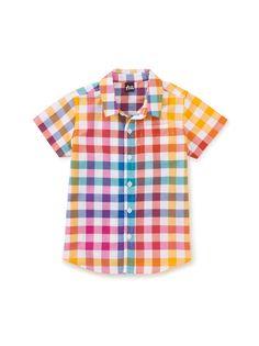 Dressy and fun, this plaid button up shirt is crafted of 100% soft cotton Madras, prized as an exceptionally lightweight and breathable fabric. Our in-house designers took care to create the perfect short-sleeve summertime shirt loaded with special detailing like a chest patch pocket, center front button closure, and a spare button. Paired with our shorts, your little one will be instantly ready for play and parties. Thigh length. Matching family styles are available in our <a href="https://www. Tea Collection, Woven Top, Boys Clothes, Boys Top, Fashion Today, Boys Clothing, Family Pictures, Button Up Shirt, Oh Baby