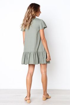 FREE SHIPPING !! Single-Breasted Button Ruffles Dress JKP593 Green V-neck Ruffle Dress, V-neck Ruffled Mini Dress For Daywear, Ruffled V-neck Mini Dress For Daywear, V-neck Mini Dress With Ruffles For Daywear, Casual V-neck Dress With Ruffle Sleeves For Summer, Casual Summer V-neck Dress With Ruffle Sleeves, Summer Casual V-neck Dress With Ruffle Sleeves, Green V-neck Ruffle Dress For Summer, Green Fitted V-neck Ruffle Dress