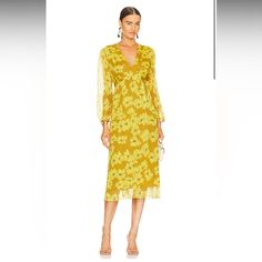 Color Is Olive Oil Multi. Brand New. Size Xs Self: 100% Silk Lining: 100% Polyester Made In China Dry Clean Only Fully Lined Pull-On Styling With Attached Wrap Tie Closure Semi-Sheer Blouson Sleeves With Buttoned Cuffs Flowy Lightweight Fabric With Subtle Pleated Detail Yellow Long Sleeve Stretch Midi Dress, Yellow Printed Long Sleeve Midi Dress, Spring Multicolor Midi Dress With 3/4 Sleeves, Midi Silk Dress, Yellow Floral Print A-line Midi Dress, Orange Printed V-neck Midi Dress, Sleeveless Pencil Dress, Silk Summer Dress, Cream Midi Dress