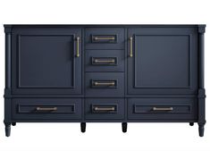 an image of a bathroom vanity with gold handles and drawers on the front, in dark blue