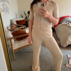 Beige St Agni Ribbed Button Up Top And Matching Bottoms. Top Has A Fun Collar And Buttons All The Way Up. Could Be Worn Open With A Cute Tank. Perfect Condition. Buttery Soft. Could Fit A Medium As Well In My Opinion. Pants Have Elasticated Waist St Agni, Button Up Top, Ribbed Top, All The Way Up, Matching Sets, Pant Jumpsuit, The Way, Button Up, Pants For Women