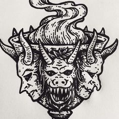 an ink drawing of a demon head with horns on it's head and two smaller heads