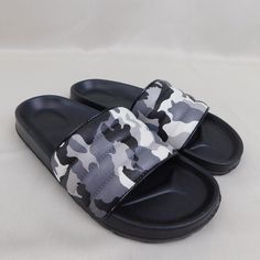 PRODUCT DESCRIPTION Men's Sculpted Wide Strap Slide Sandals Great for the pool or the beach Slip-On Style PVC Upper EVA Outsole Black Non-slip Flip Flops For Pool, Black Open Toe Sandals For Pool, Casual Black Pool Sandals, Black Synthetic Sandals For Pool, Gray Camo, Wide Straps, The Pool, Slide Sandals, Shoes Sandals