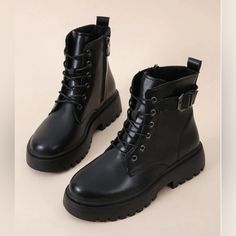 I Got Them From Shein And Have Literally Never Worn Them Out. I Tried Them On But Never Got A Chance To Wear Them. They’re Brand New With The Shoe Box Included Shein Shoes, Womens Combat Boots, Black Combat Boots, Lace Up Combat Boots, Buckle Ankle Boots, Shoes Boots Ankle, Combat Boot, Zipper Boots, Boots Women Fashion