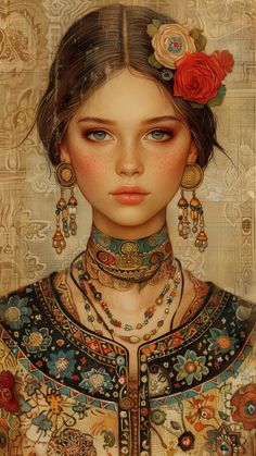 This painting is an exquisite blend of traditional and contemporary art. Adorned with intricate patterns and ornaments, the girl symbolizes nobility and refinement. Her gaze reflects the depth of cultural heritage and timeless elegance. #OrnateGrace #CulturalHeritage #ElegantArt #TraditionalBeauty #ModernArtistry #RenaissanceCharm #ExquisiteDetails #EternalBloomingElegance Crisantemo Tattoo, Intricate Paintings, Culture Drawing, Art Klimt, Bohemian Pictures, Abstract Fashion, Contemporary Portrait, Digital Portrait Art, Art Portraits