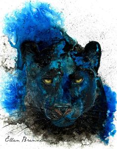 a painting of a black cat with blue paint on it's face