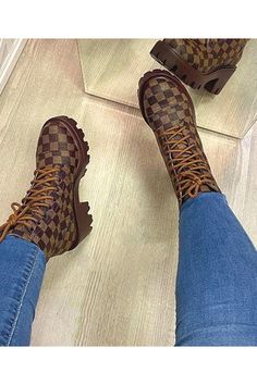 Style:Fashion, StylishItem:BootsUpper Material:Faux LeatherToe:Round ToeClosure Type:shoelace Chunky Sole Boots, Ankle Strap Chunky Heels, Zipper Heels, Checkerboard Pattern, Fall Fashion Outfits, Lace Up Heels, Wedge Boots, Fall Outfit, Cute Shoes