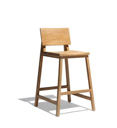 a wooden bar stool with a seat on the bottom and backrest, against a white background