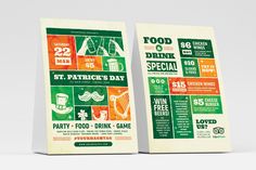 two paper bags with different types of food and drinks on them, one for st patrick's day