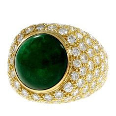 Green Cabochon Emerald Diamond Dome Gold Cocktail Ring | From a unique collection of vintage cocktail rings at https://www.1stdibs.com/jewelry/rings/cocktail-rings/ Luxury Green Cabochons, Green Cabochons For Formal Fine Jewelry, Fine Jewelry Green Cabochons For Formal Occasions, Luxury Green Domed Ring, Luxury Oval Green Dome Ring, Green Cabochon Dome Ring For Formal Occasions, Luxury Green Dome Ring For Formal Occasions, Green Round Cabochons For Anniversary, Green Dome Ring For Formal Occasions