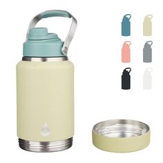 thermos water bottle with lid is shown in various colors