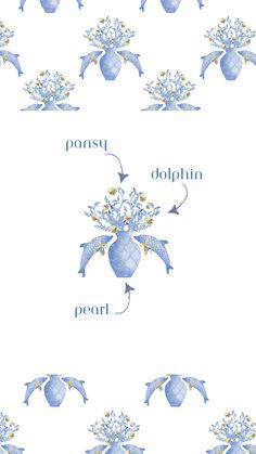 blue vases with flowers on them and words in the bottom right corner that read ponst, dolphin, pearl