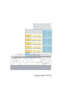 an architectural drawing shows the side of a building with multiple floors and balconies