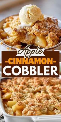 apple cinnamon cobbler with ice cream on top