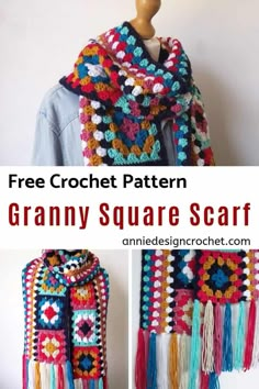 a crocheted granny square scarf on a mannequin with text overlay that says, free crochet pattern granny square scarf