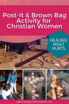 the front cover of post - it and brown bag activity for christian women, featuring images of people around a fire