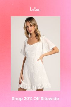 You'll be cafe-ready in a flash with the Lulus Morning in Mallorca White Cotton Eyelet Short Sleeve Mini Dress! Lightweight woven cotton, decorated with three-dimensional, vintage-inspired eyelet embroidery, shapes this must-have summer dress. Short flutter sleeves frame a subtle V-neckline, that tops a bodice with princess seams and crochet trim accents. A fitted waist tops the A-line skirt that falls to a mini hem with pierced eyelet lace trim. Don't forget your favorite espadrilles (and a may Summer Brunch Dresses With Scalloped Edges, Spring Cotton Dress With Scalloped Lace, White Summer Dress With Scalloped Edges, Spring Day Dresses With Scalloped Edges, Summer Daywear Dress With Scalloped Lace, Spring Daywear Dresses With Scalloped Edges, White Summer Dresses With Scalloped Edges, Summer Cotton Dress With Scalloped Lace, Summer Cotton Dresses With Scalloped Lace