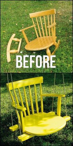 a yellow rocking chair with the words before and after