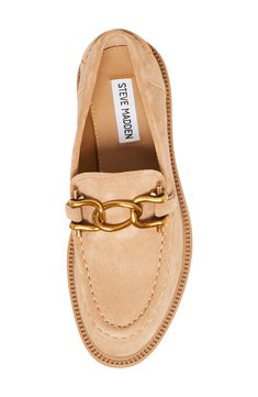 Gleaming goldtone hardware adds contemporary finesse to this outfit-making loafer. Flat sole Leather upper/synthetic lining and sole Imported Beige Loafers For Spring, Nude Loafers Outfit, Steve Madden Slides, Inspo Pictures, Buckle Loafers, Business Casual Shoes