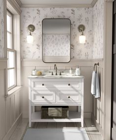 a bathroom with a sink, mirror and rug on the floor in front of it