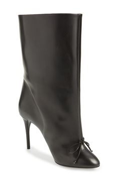 The widened, slouchy shaft sweeping the 2024 runways is highlighted in this Italian-leather boot framed by a towering stiletto and a dainty bow. 3 1/2" (90mm) heel (size 39) 9" shaft Pull-on style Leather upper and lining/rubber sole Made in Italy Designer Shoes Elegant Fitted Platform Boots With Leather Sole, Elegant Leather Platform Boots, Luxury Leather Sole Mid-calf Boots For Formal Wear, Luxury Leather Mid-calf Boots, Luxury Mid-calf Boots With Reinforced Heel For Work, Luxury Formal Mid-calf Boots With Leather Sole, Luxury High Ankle Heeled Boots In Calf Leather, Elegant Calf Leather Platform Boots With Leather Sole, Elegant Platform Boots With Leather Sole