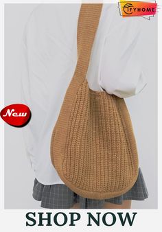 Solid Color Knit Large Capacity Shoulder Bag Trendy Hobo Bag For Daily Winter Use, Trendy Crochet Bag For Everyday Winter Use, Casual Crochet Bag For Everyday Winter Use, Casual Winter Crochet Bag For Everyday Use, Winter Knitted Shoulder Bag For Everyday Use, Casual Knitted Bags For Winter, Casual Knitted Winter Bag, Winter Knitted Shoulder Bag, Casual Winter Knitted Bag