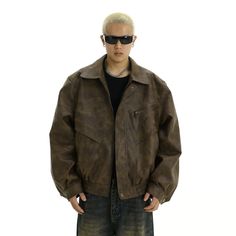 Model is 5ft 9''(176cm) tall, 145 lbs(66kg) weight and wearing a size L168cm 59kg wearing a size M - BROWN- LEATHER- Zip-up- Collar Retro Coat, Pu Leather Jacket, Lapel Jacket, Collar Jacket, Brown Leather Jacket, Zipper Jacket, Distressed Leather, Mens Casual Outfits, Casual Coat