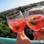 two people holding up wine glasses with watermelon and mint garnishes