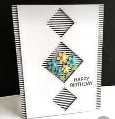 a happy birthday card with flowers on the front and back side, sitting on top of a table