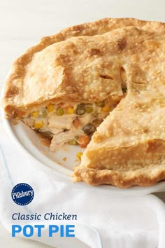 a chicken pot pie on a white plate