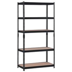 four tier shelving unit with three shelves on each side and one shelf in the middle